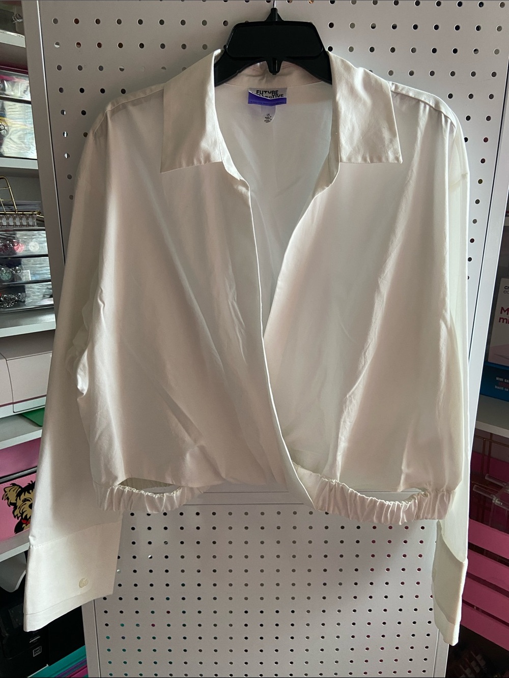 Future Collective white Button-Down Draped Shirt with elastic detail on sides